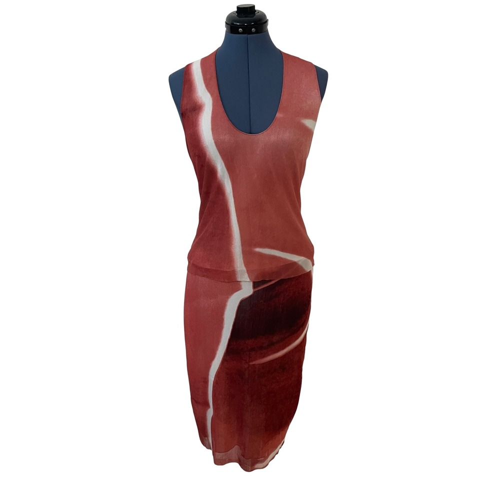 Vtg Vivienne Tam Mesh 2 Piece Set Abstract Print Bodycon Top Midi Skirt Y2K S - Picture 2 of 16